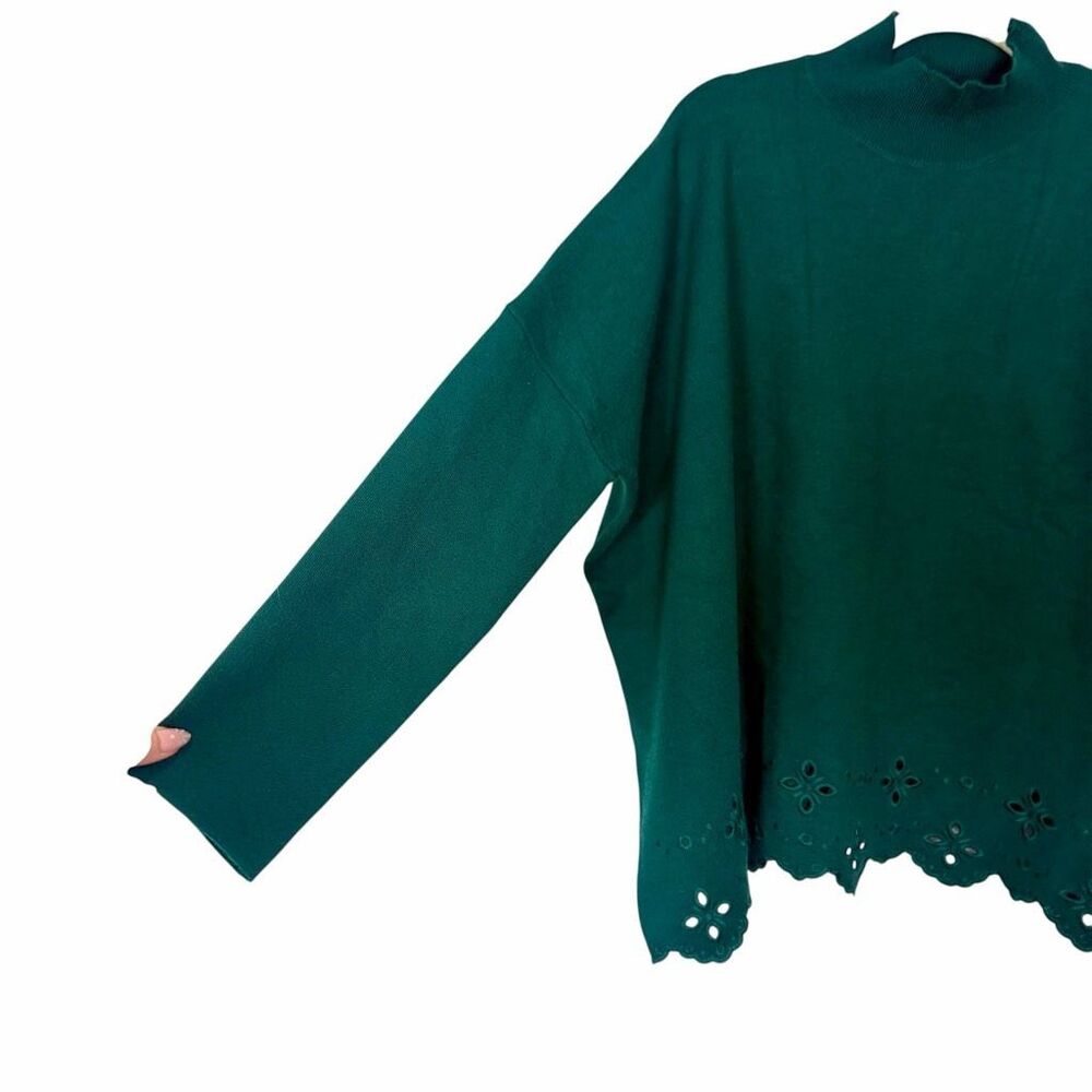 NWT Entro Sweater Womens Large Hunter Green Mock Neck Eyelet Hem Knit Oversized - Picture 4 of 15